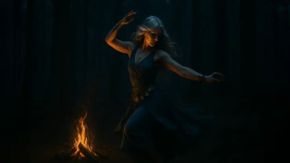 Your sacred shadow desires are worth pursuing. This woman in a blue dress and minimal jewelry dances around a small fire in the dark forest, her silver hair flowing in rhythm.