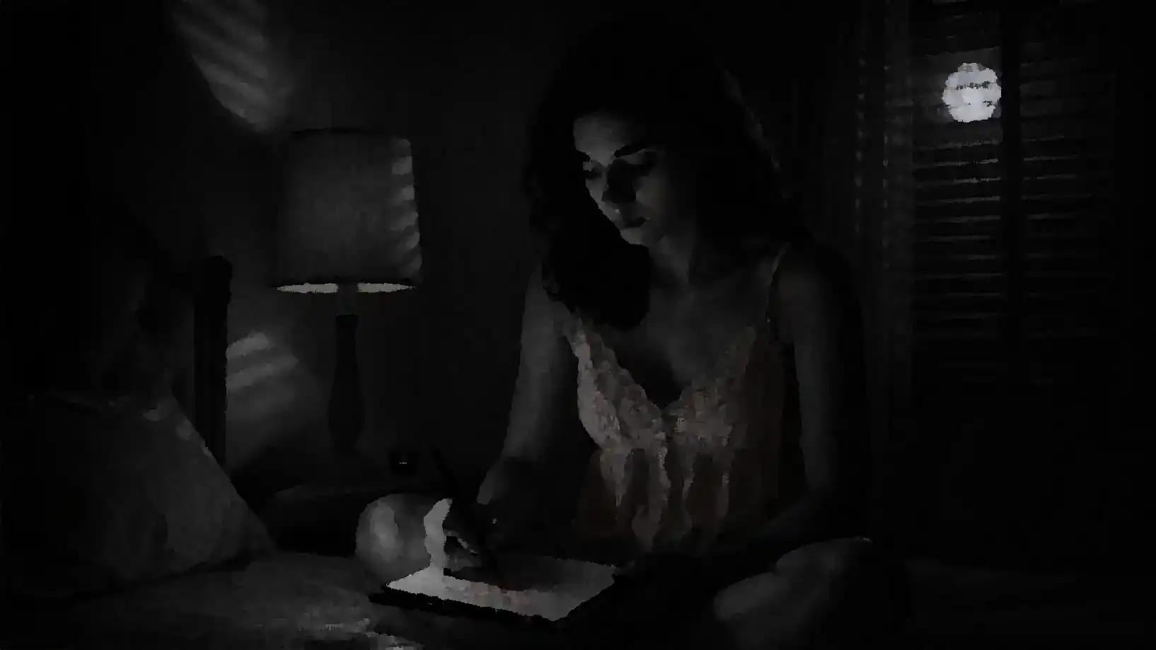 a woman journaling on sexual shadow work in the bedroom. It is nighttime, very dark, dreamy surrealistic image.