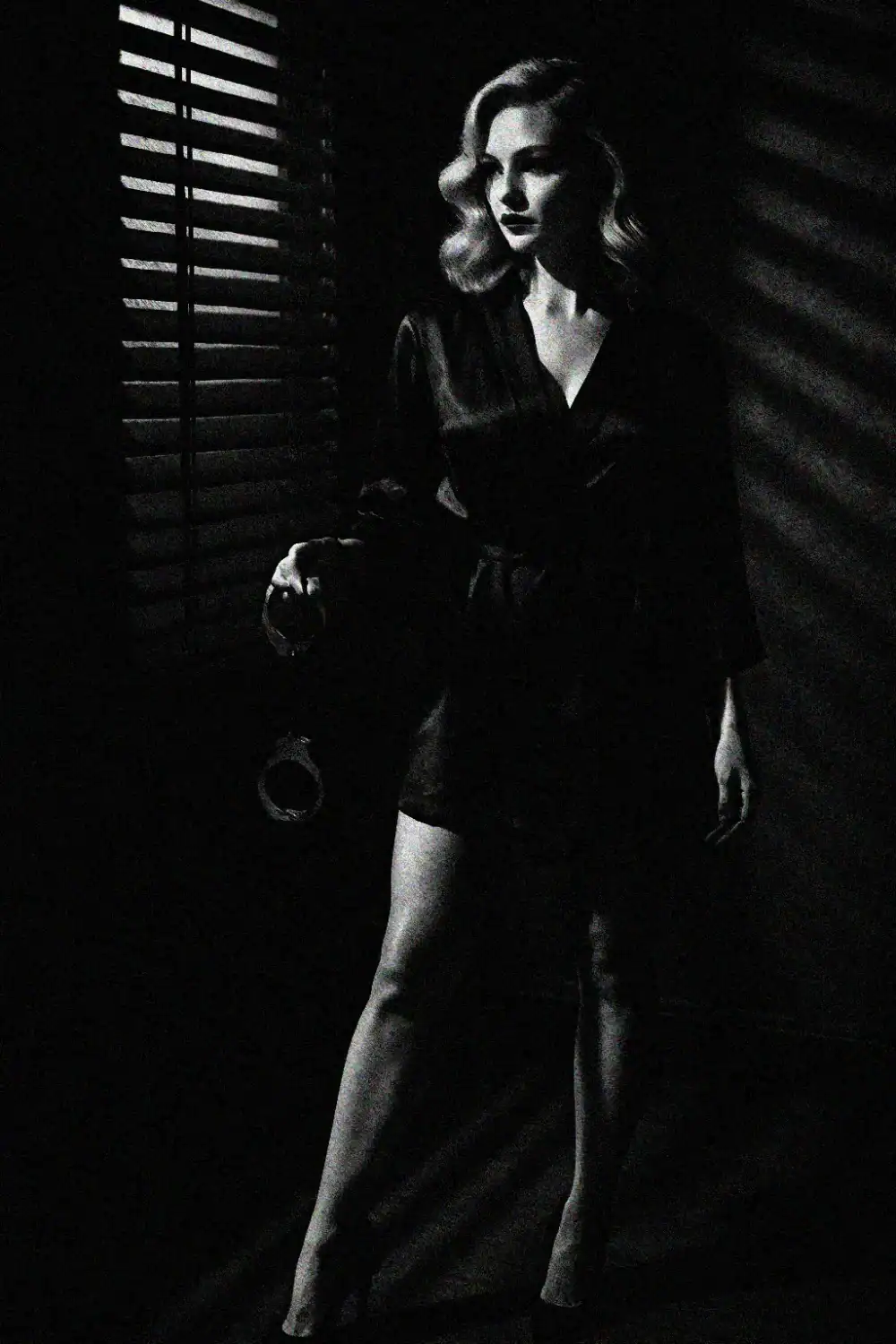 A woman holds a pair of handcuffs. She has blonde hair and is wearing a black robe. Obviously contemplating some sexual shadow work in the bedroom.