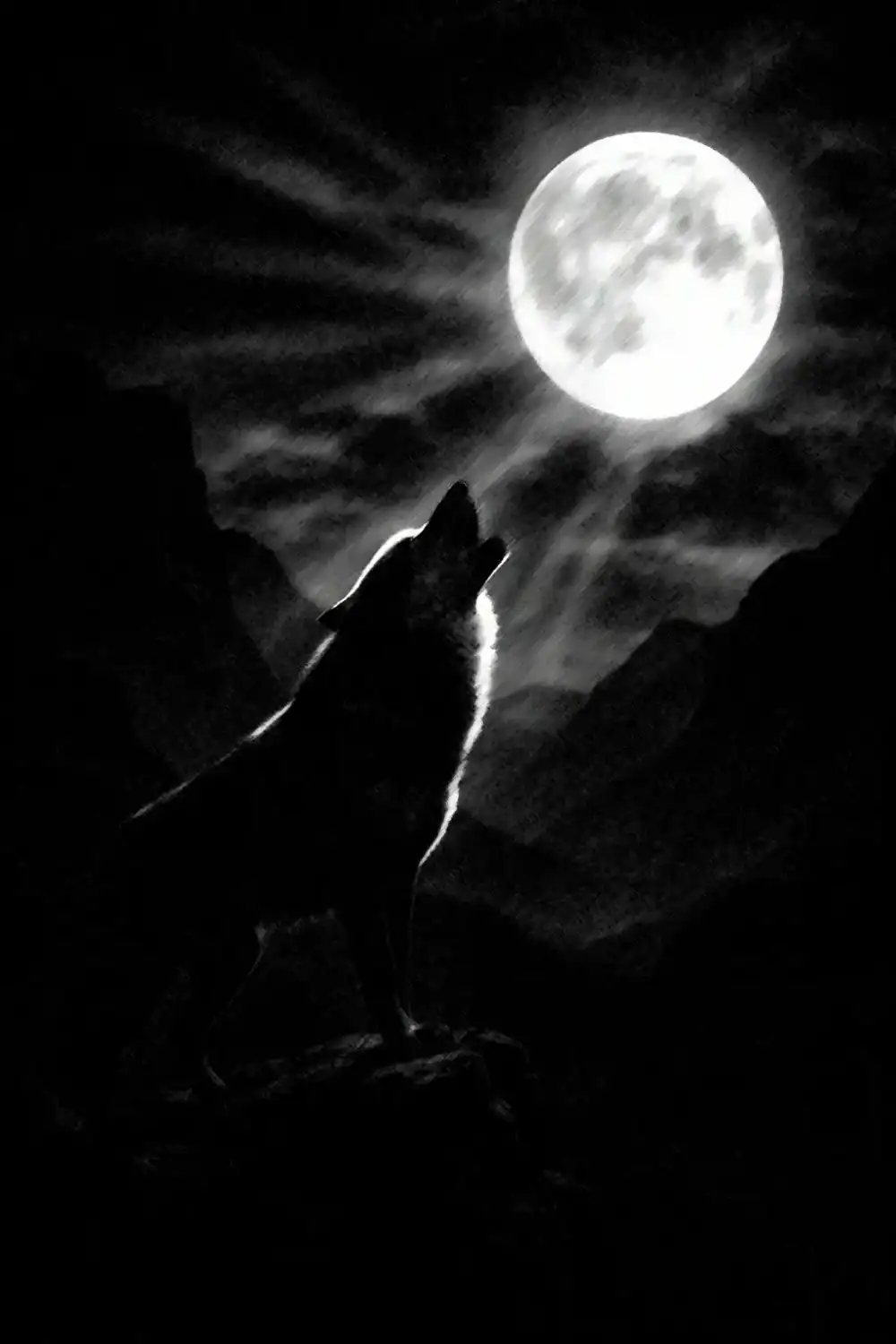 Moonlit cat silhouette reaching towards the full moon.