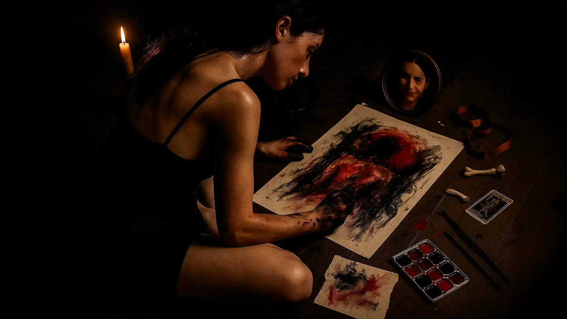A woman in her night clothes has awoken and started drawing furiously while sitting on the floor