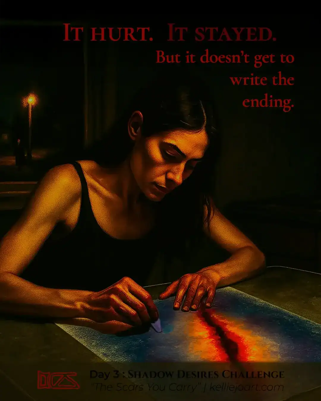 Day 3 of the Shadow Desire Challenge finds our heroine drawing out the reasons for her scars. She sits at her kitchen table drawing the pain out of herself while a woman in a dark cloak stands by the street light looking in on her.