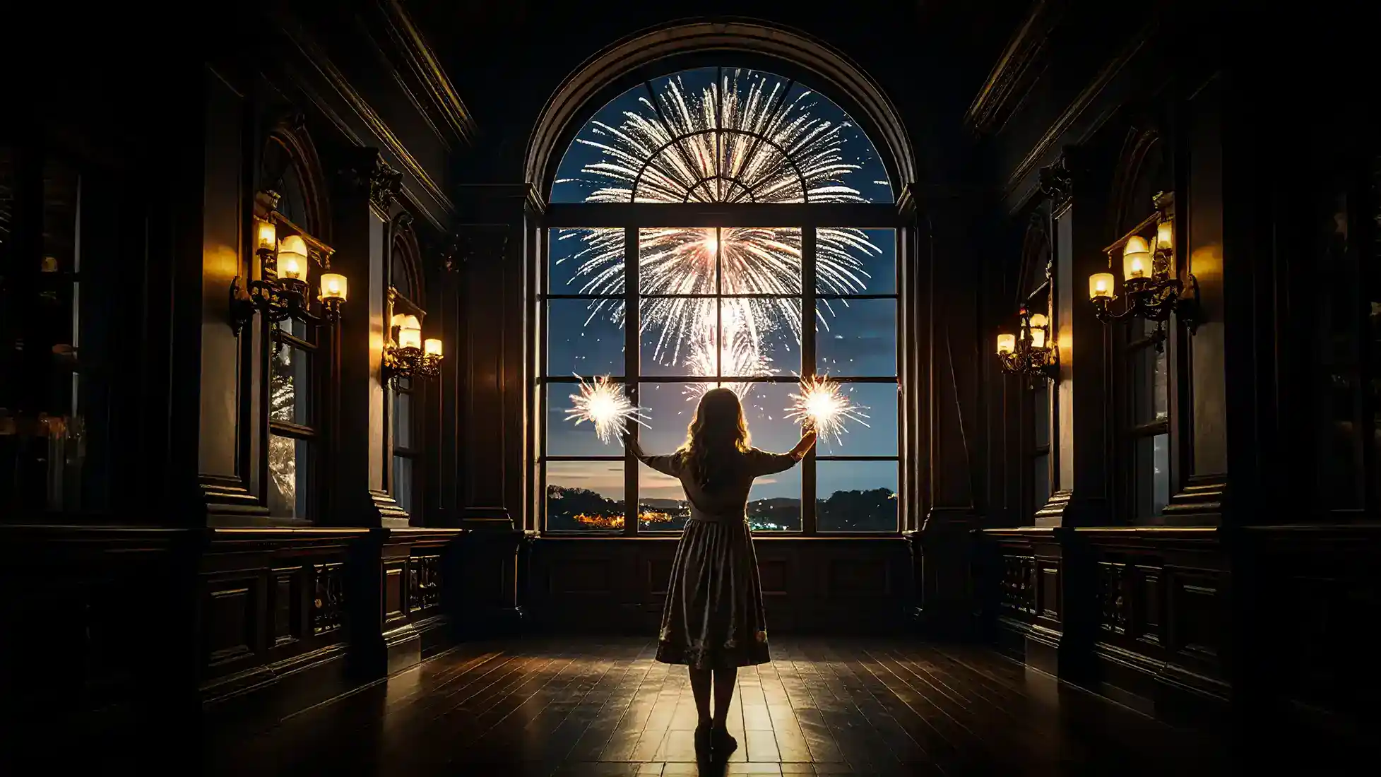 A person holding sparklers inside a grand hall while fireworks go off outside. Recognizing the mental health conditions like PTSD.