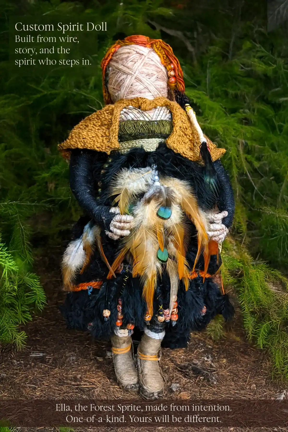Ella the Forest Sprite, a SoulStitch™ art doll. She is a custom doll, one of a kind. Yours will be different. "Built from wire, story, and the soul that steps in.