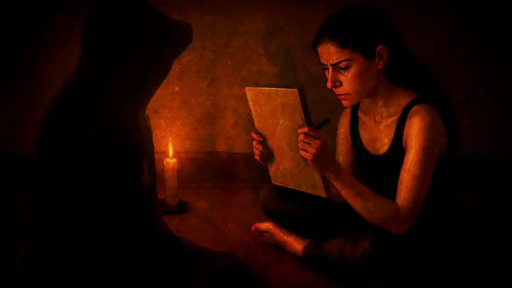 A woman draws a portrait of her shadow as it sits in front of her. The scene is dark, but the shadow doesn't block the candlelight. Day 5 of the Shadow Desire 7 Day Challenge