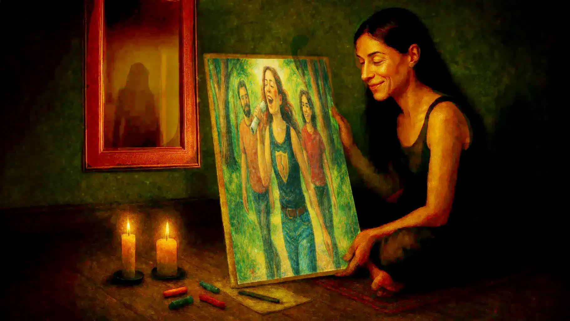Colorful woman artist with painting of a musical band in a cozy, candle-lit studio setting.