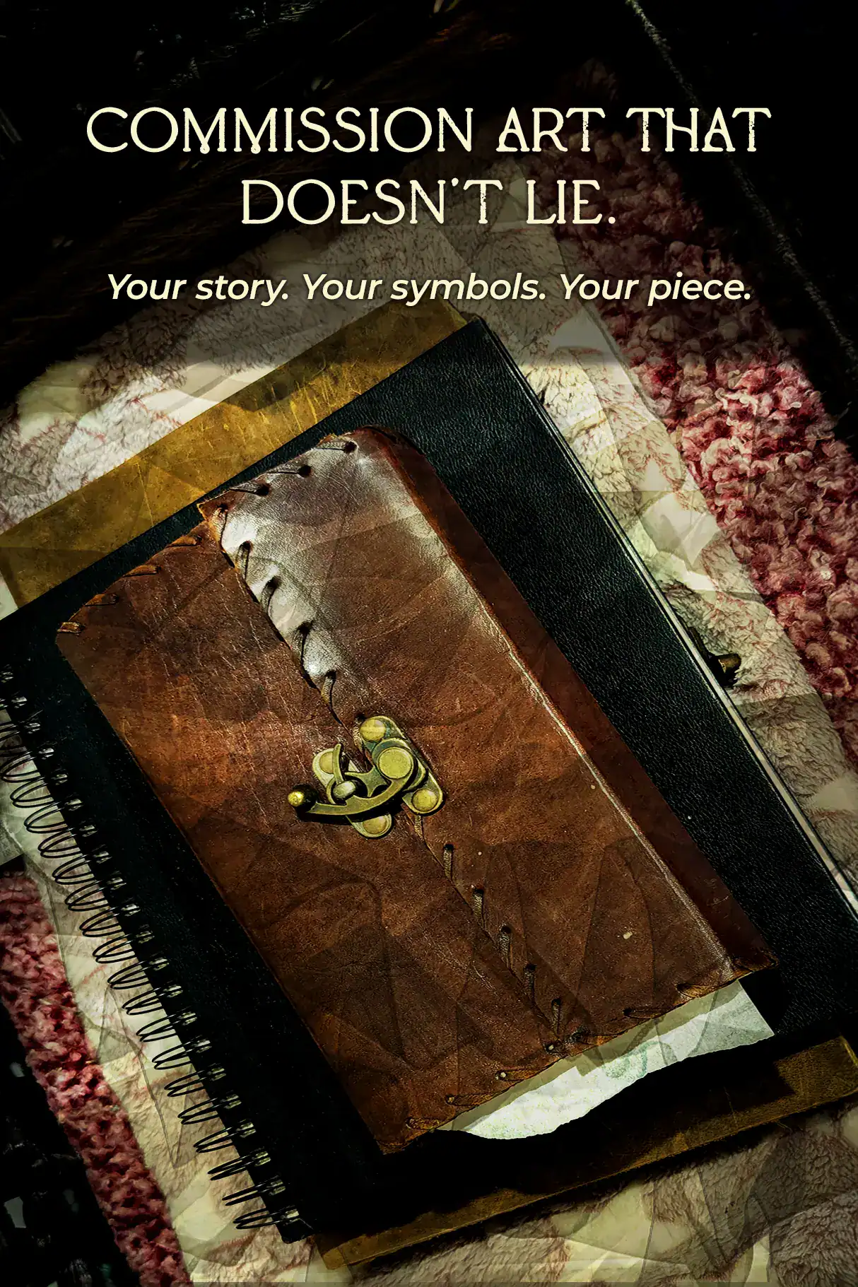 Three journals in a stack: leather, sketch, leather. arranged small to large. Text says: Commission art that doesn't lie. Your story. your symbols. your piece.