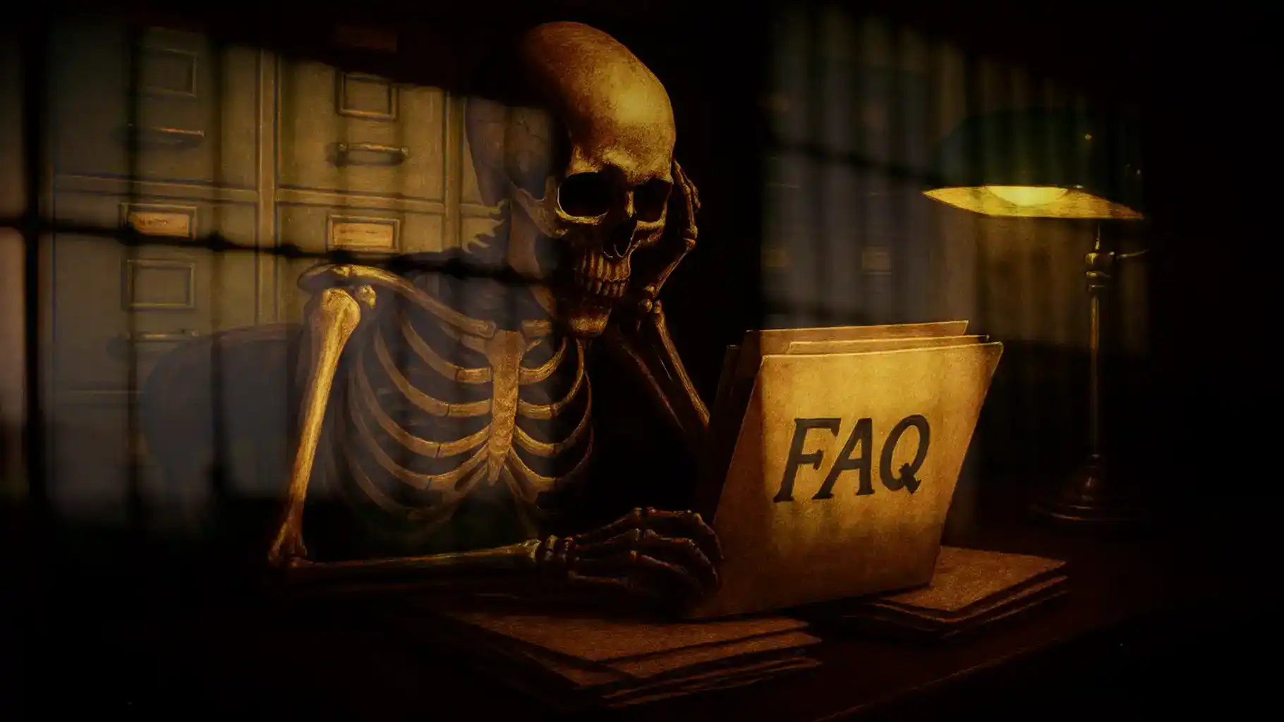 Skeleton in an old fashioned office holding a file folder marked FAQ. Image base was created by AI, but it's been heavily edited by hand.