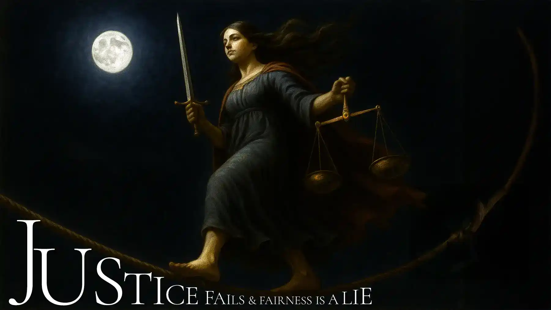 Similar to header image of woman walking a tightrope carrying a sword and a scale. Words say "Justice Fails and Fairness Is a Lie"
