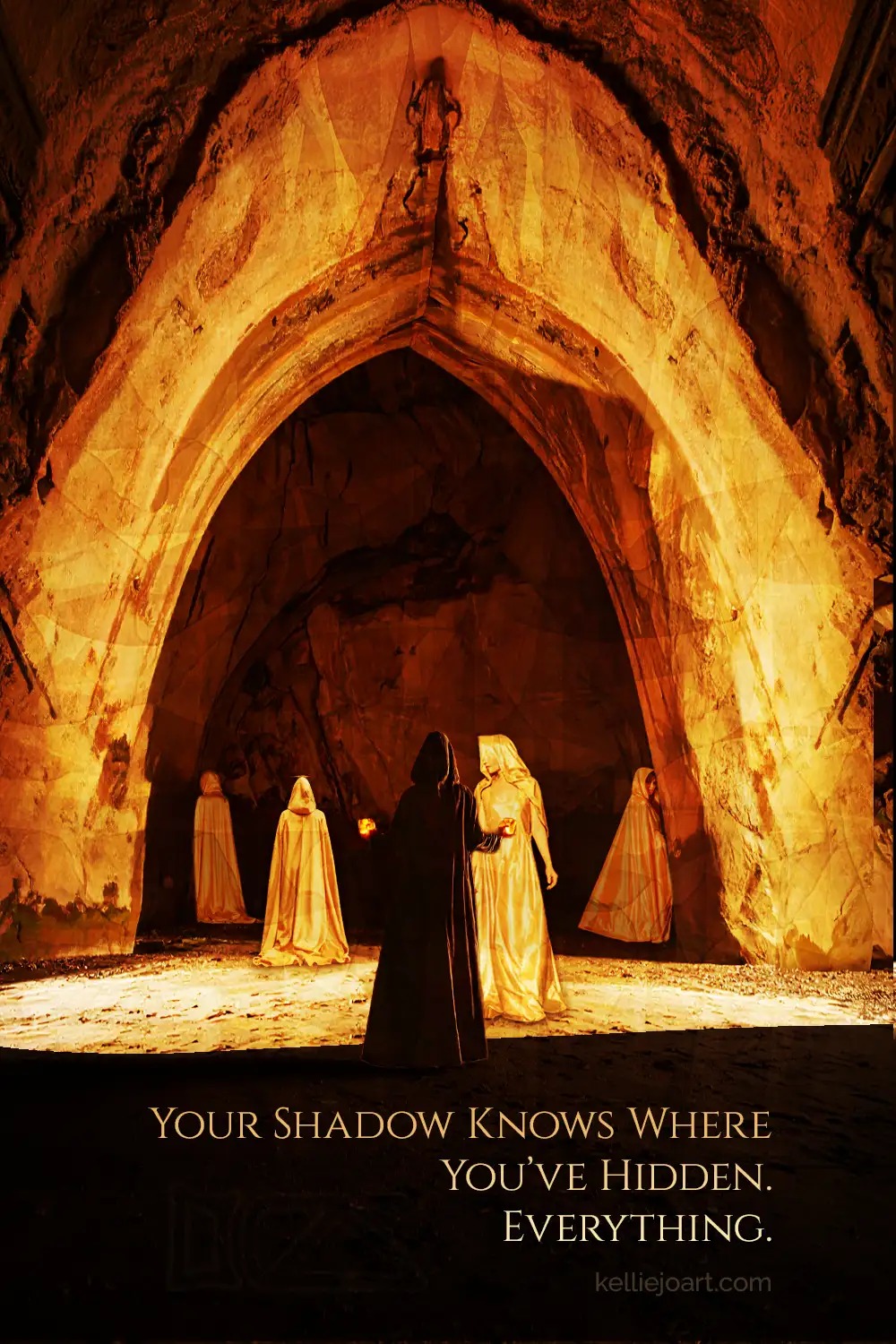Evocative digital art illustrating the Jungian Shadow archetype, where a dark figure confronts its "Golden Shadow" aspects in an internal landscape.
