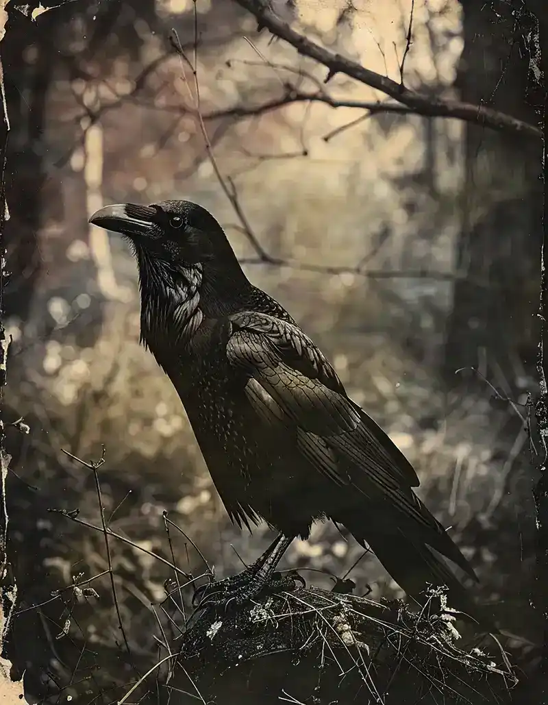 An old photo of a raven in the woods.