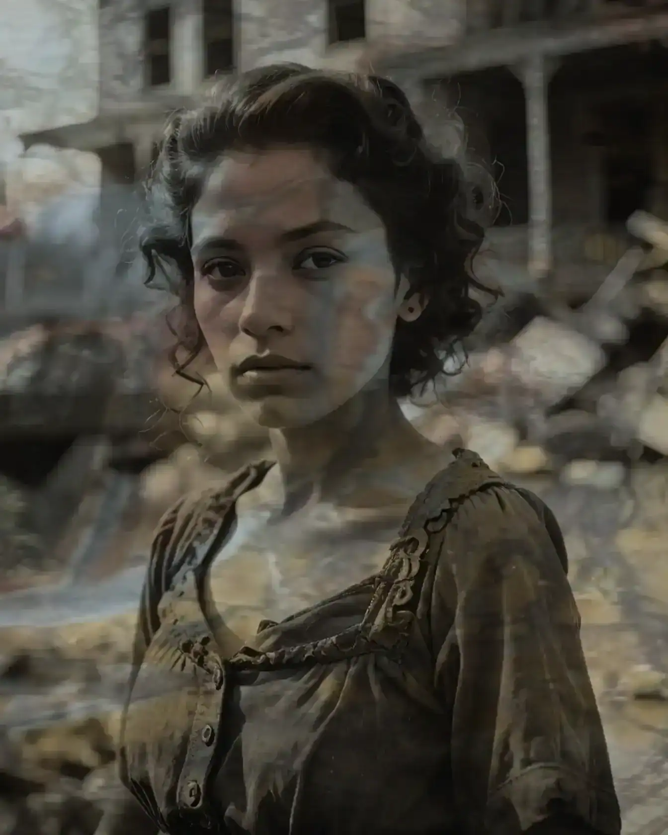 A woman stands in the ruins of her home, a trauma in itself.