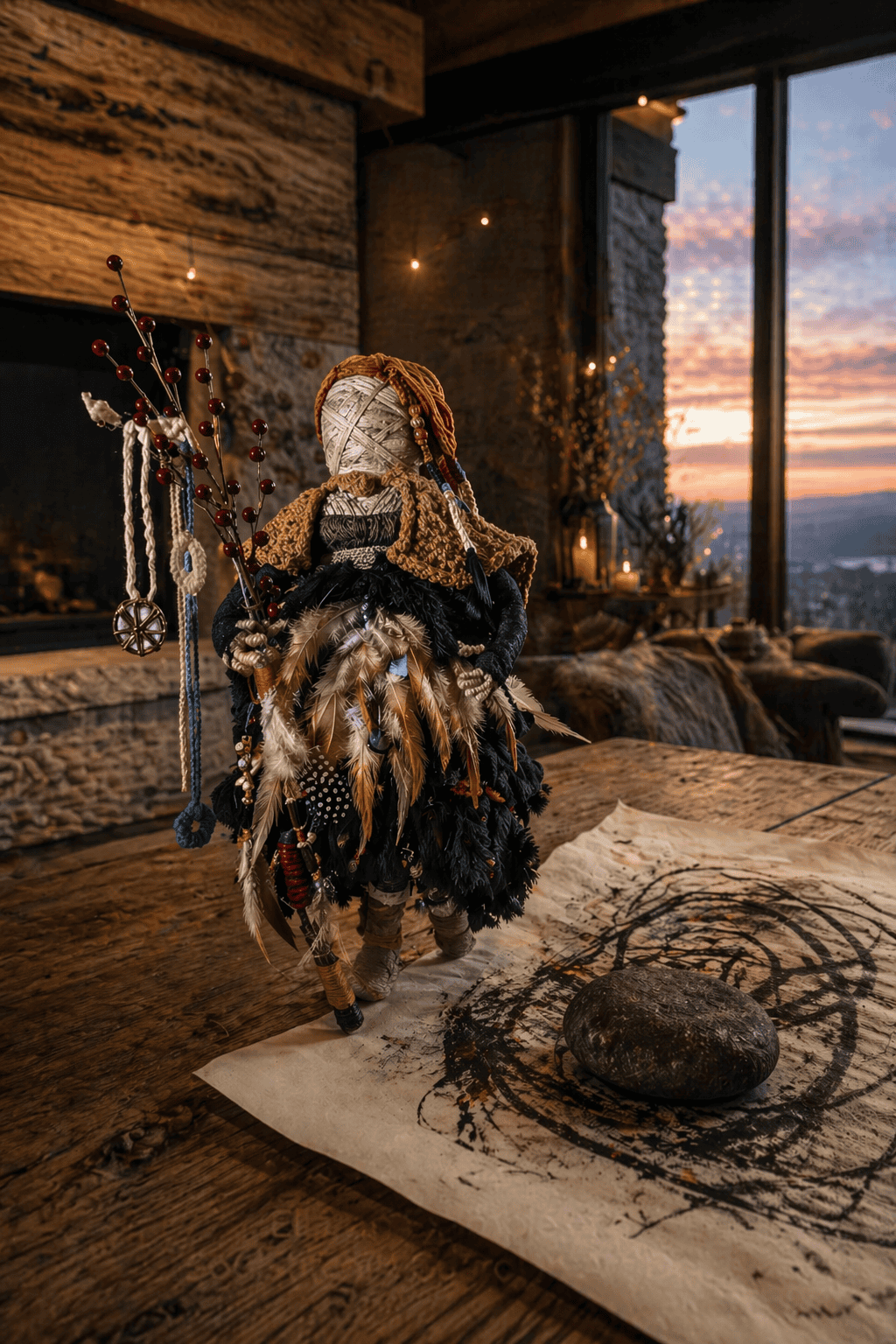 A SoulStitch&trade; Guardian spirit doll marches across  a therapeutic art exercise and a heavy rock.