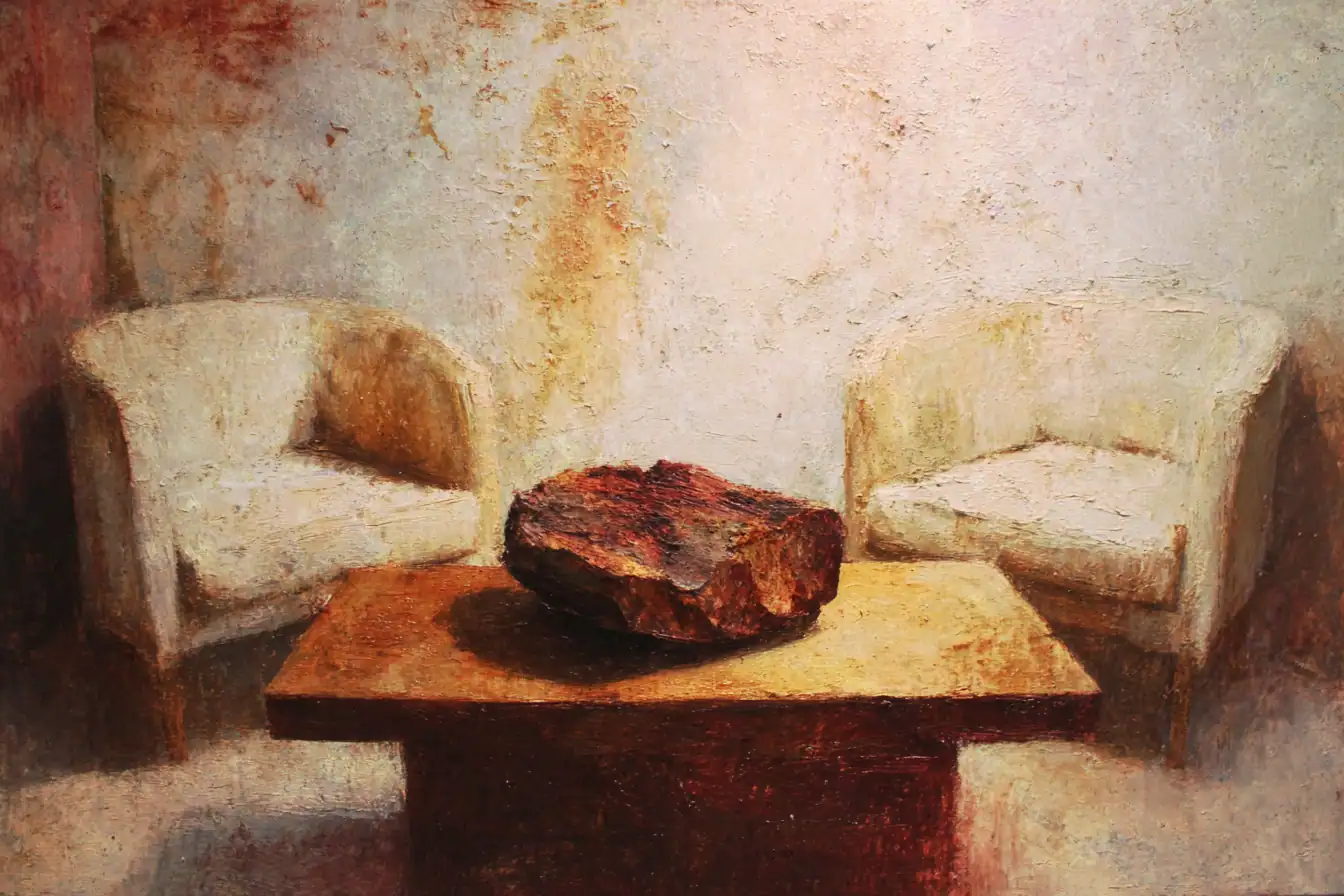 Two comfortable chairs angle into the room to face a large, sturdy coffee table with a giant piece of fossilized wood on it.