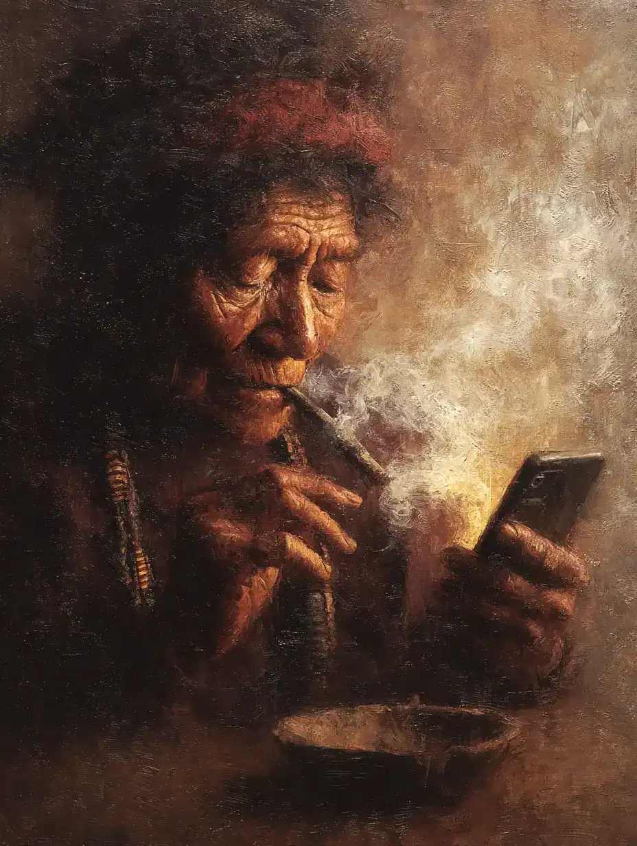 Indigenous elder smoking while looking at a cell phone, surrounded by smoke and warm shadow.