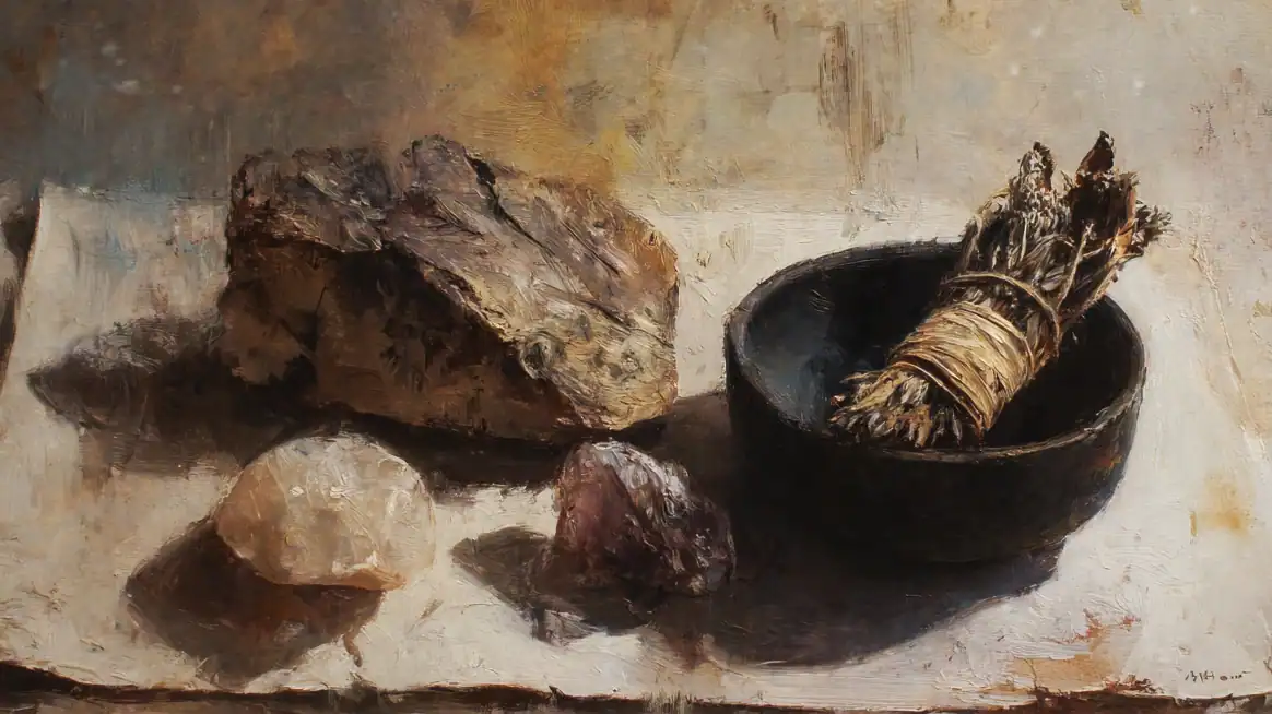 Grounding objects for therapy room arranged on a table: a heavy stone, herb bundle, and ceramic bowl as somatic anchors.