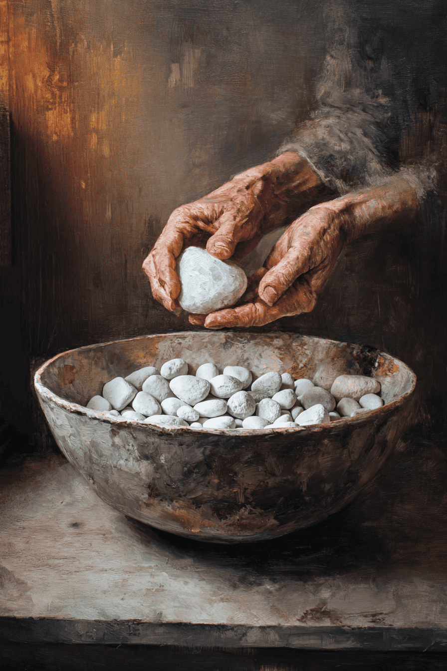 Hands placing a stone into a ceramic bowl: grounding objects for therapy rooms are symbolic objects for healing spaces that give the body permission to set its load down.