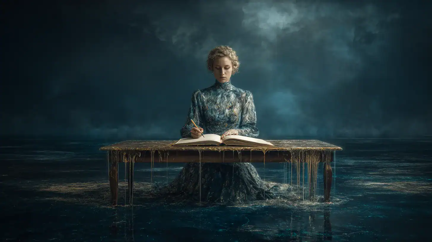 Surreal painting of a woman writing in a journal as the undersides bleed into dark waters, representing toxic positivity and trauma integration.