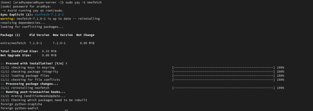 Neofetch command-line tool displaying package installation and system info for macOS optimization.