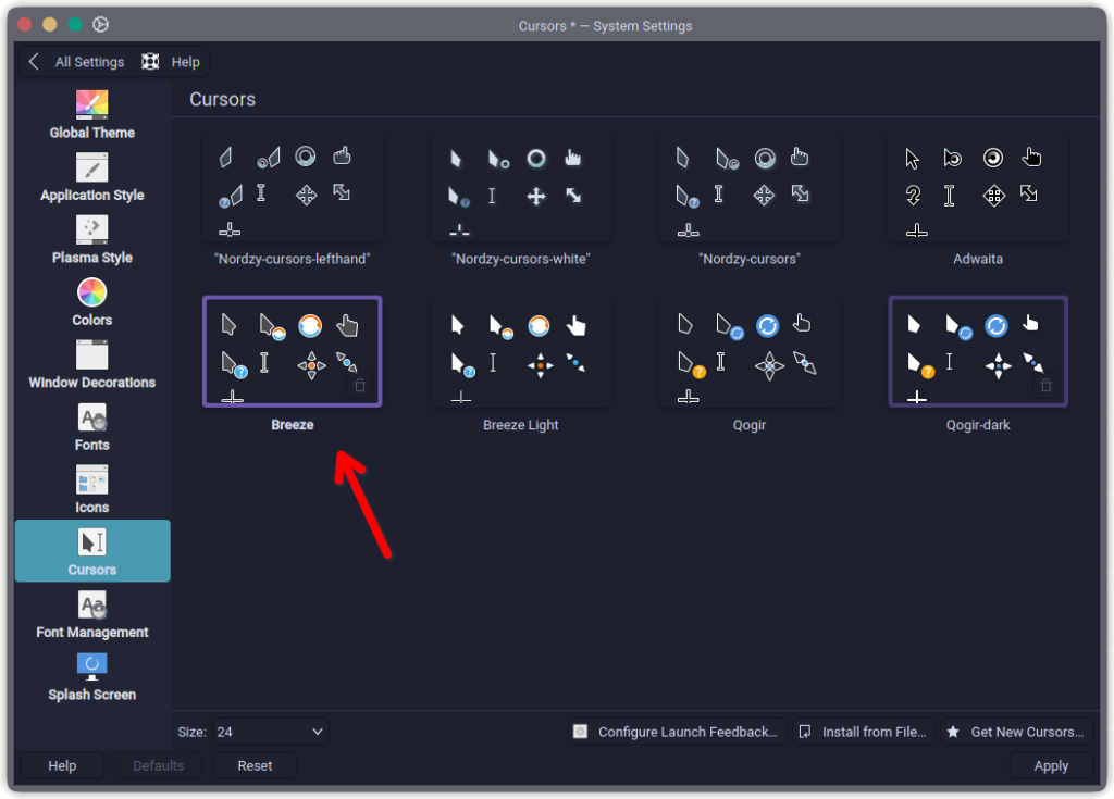 Selecting cursors. KDE Plasma and Arch Linux