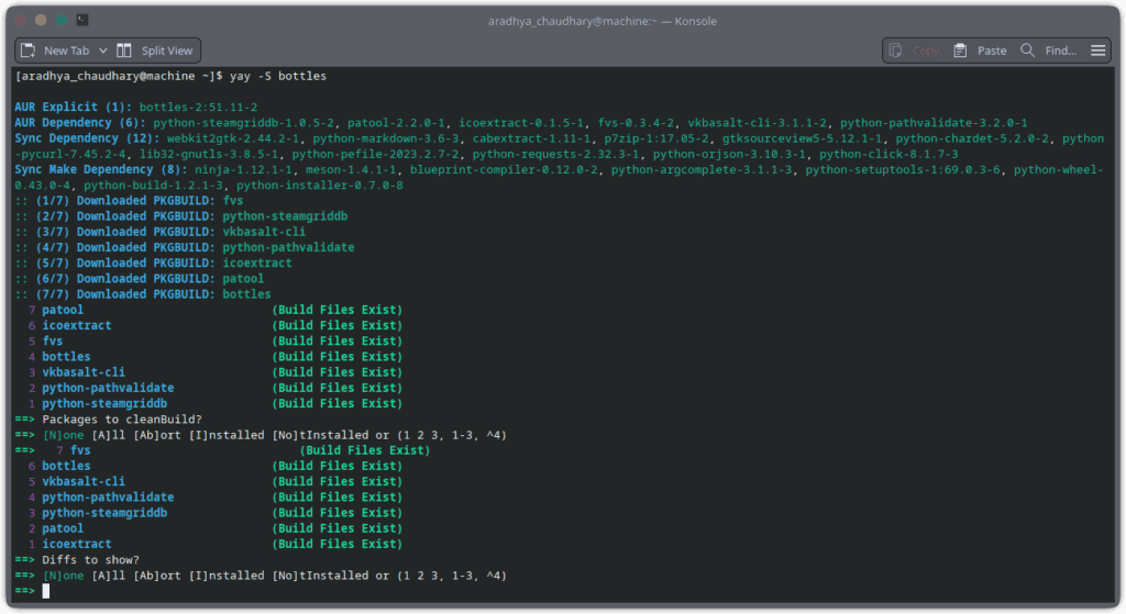 Bottle management software interface screenshot showing package dependencies and build status.