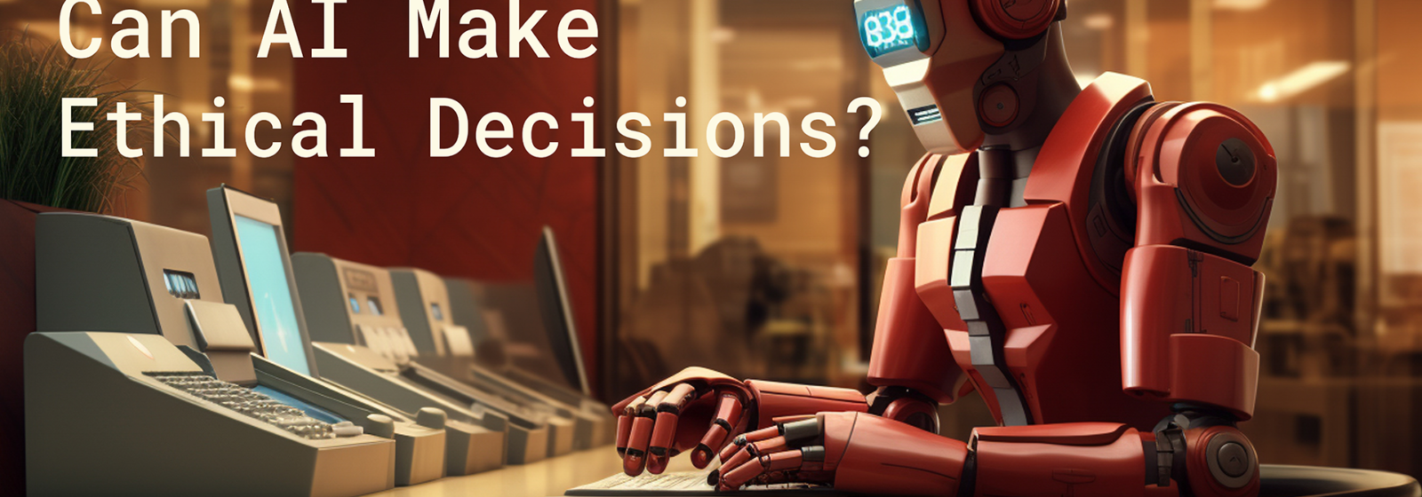 A humanoid AI robot working at a desk, symbolizing ethical considerations in autonomous AI.