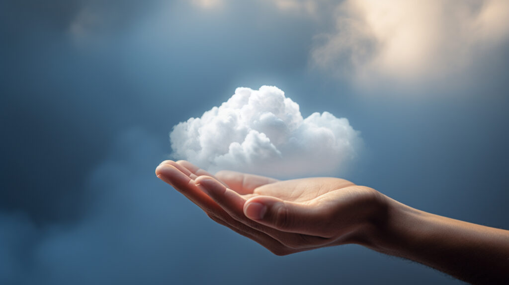 photorealistic hand holding clouds