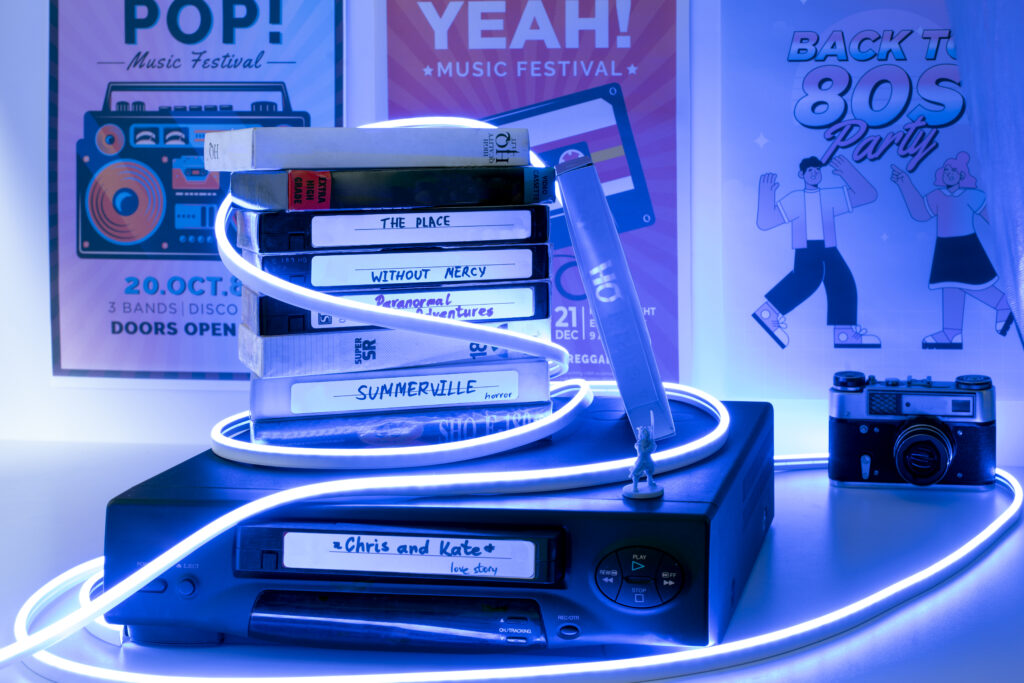 retro vhs packaging with neon light