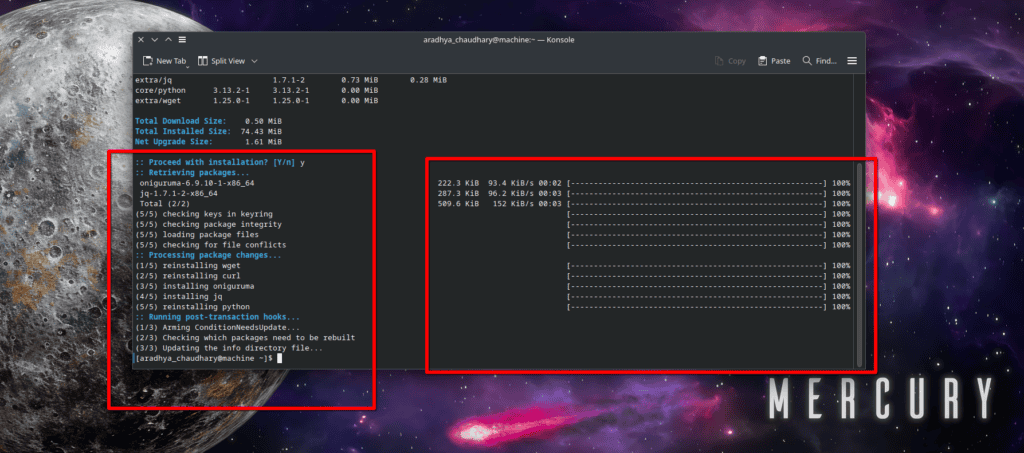 Kextcache application interface showing package retrieval and system cache updates.