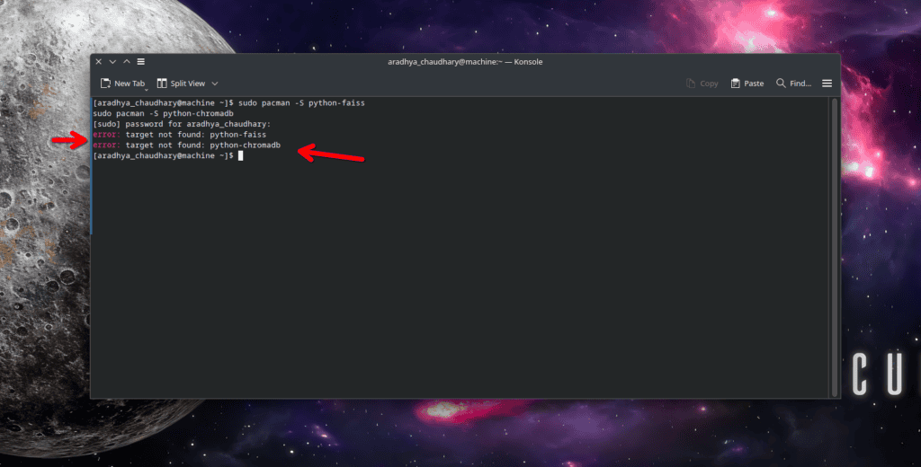 Python-faiss error message indicating target not found, related to Kextcache troubleshooting on Mac.