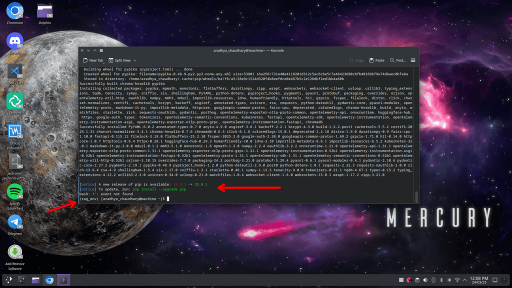 Pip package manager terminal window on desktop with space background.