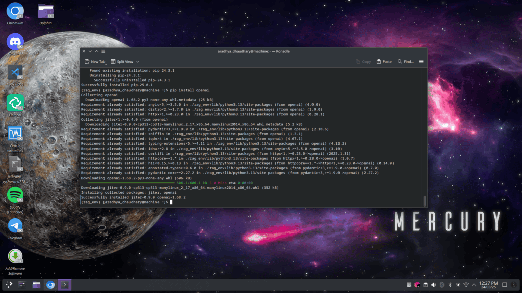 Pip 24.3.1 installation process displayed on a Linux desktop screen with space-themed wallpaper.