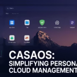 Screenshot of CasaOS dashboard with system status, storage usage, and app icons like App Store, Files, AdGuard Home, and Homebridge, set against a dark mountain-themed background with the title 'CasaOS: Simplifying Personal Cloud Management'.