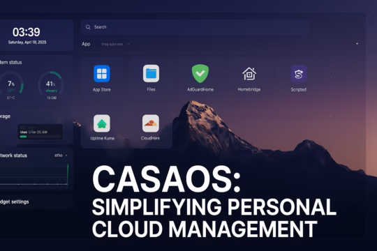 Screenshot of CasaOS dashboard with system status, storage usage, and app icons like App Store, Files, AdGuard Home, and Homebridge, set against a dark mountain-themed background with the title 'CasaOS: Simplifying Personal Cloud Management'.