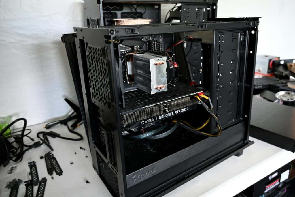 High-end gaming PC build with RTX 2070 graphics card and custom cooling system.