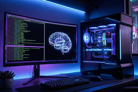 Modern gaming PC setup with RGB lighting, dual monitors, and sleek design.