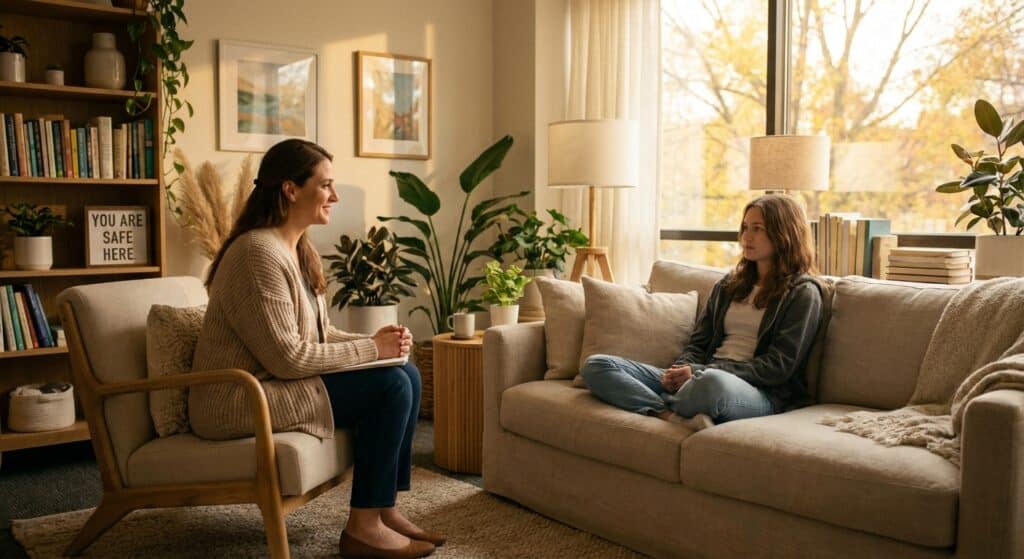 A teen engaged in a one-on-one therapy session at a residential treatment center.