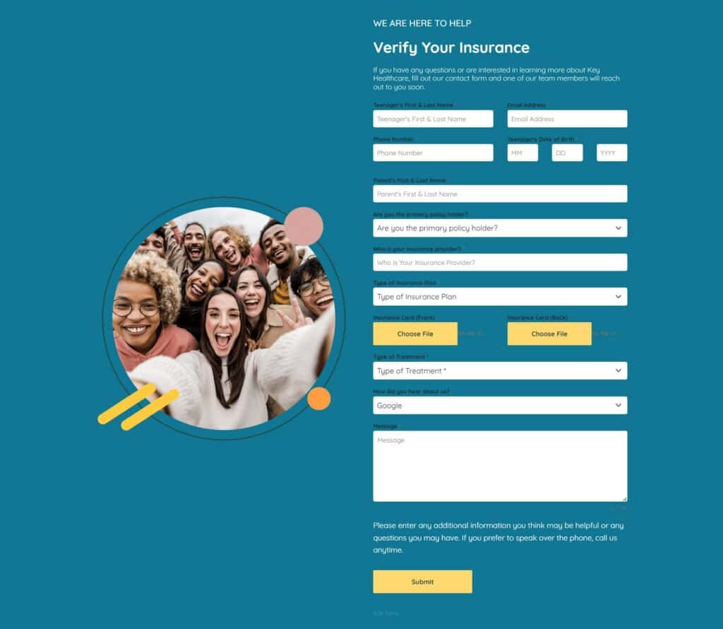 GEHA Insurance verification form for teen mental health treatment in California, featuring fields for personal details, insurance information, and treatment type to confirm coverage options.