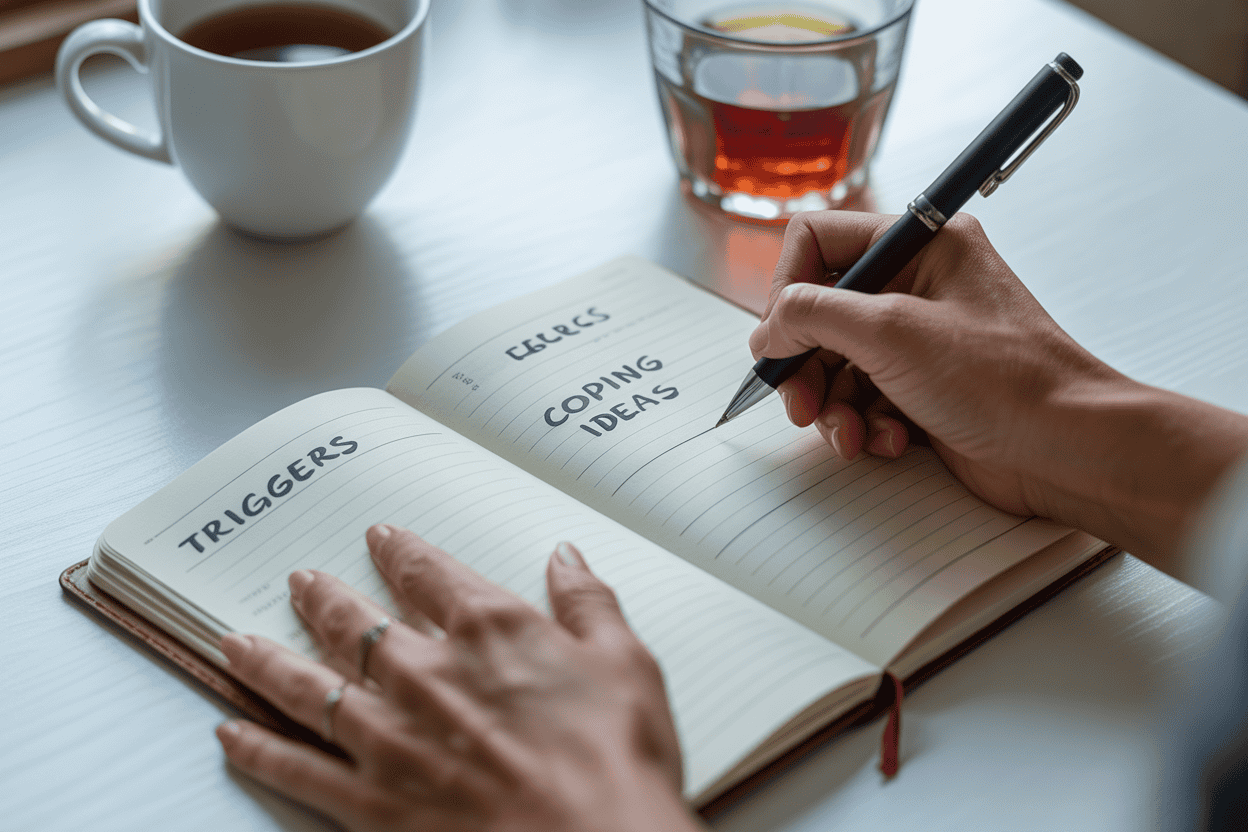 A person's hands writing in a journal with 'Triggers' and 'Coping Ideas' as headings, showing a proactive approach to recovery planning.