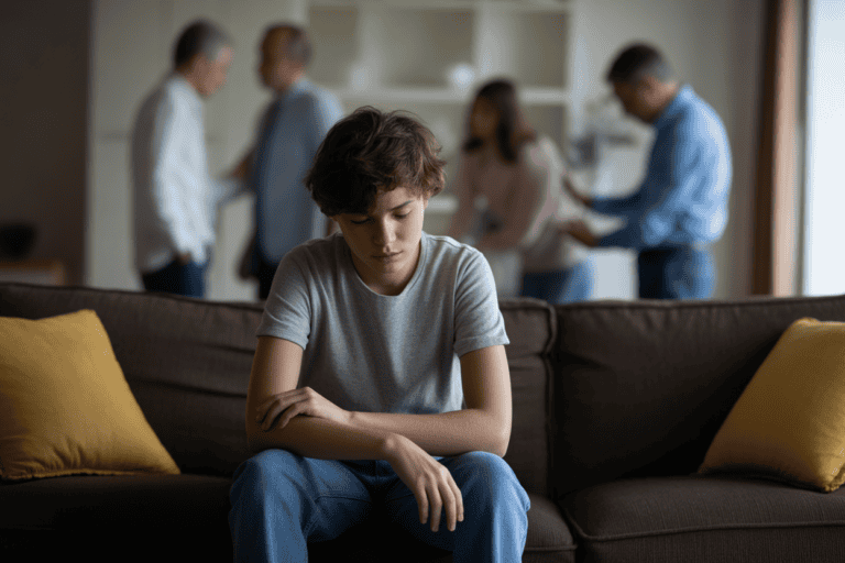 A teenager sits alone in a dimly lit room, symbolizing the isolation of emotional neglect while adults are blurred in the background.