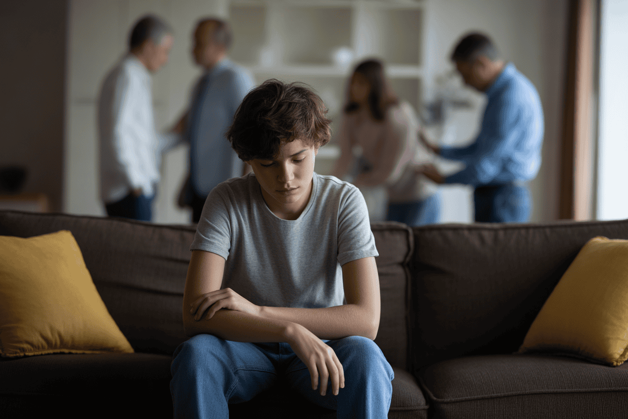 A teenager sits alone in a dimly lit room, symbolizing the isolation of emotional neglect while adults are blurred in the background.