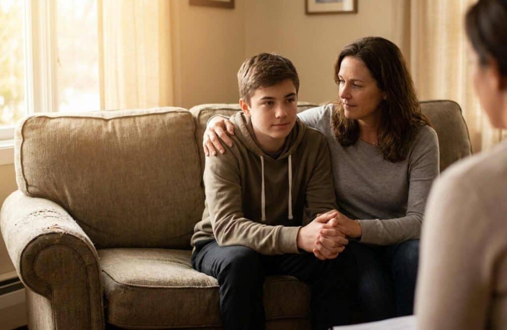 A family therapist will work with your teen and family to develop healthy coping skills and resolve family conflict in a healthy way.