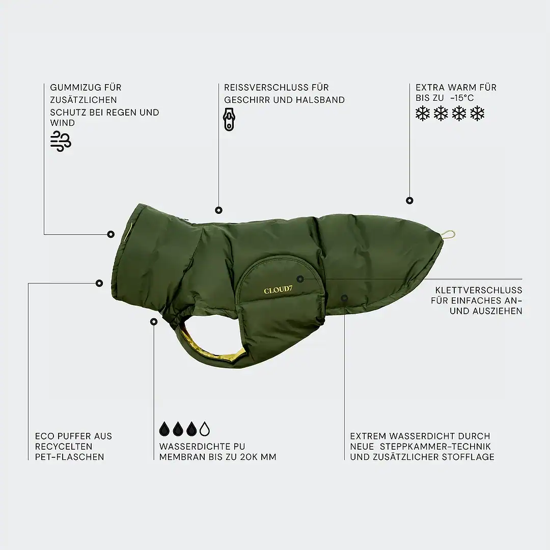 Gummizug für Hundeschutz bei Regen und Wind, wasserdichte PU-Membran, extra warm bis -15°C, mit Reißverschluss für Halsband, Klettverschluss zum An- und Ausziehen, Eco Puffer aus recycelten PET-Flaschen, ideal für kalte, nasse Tage.