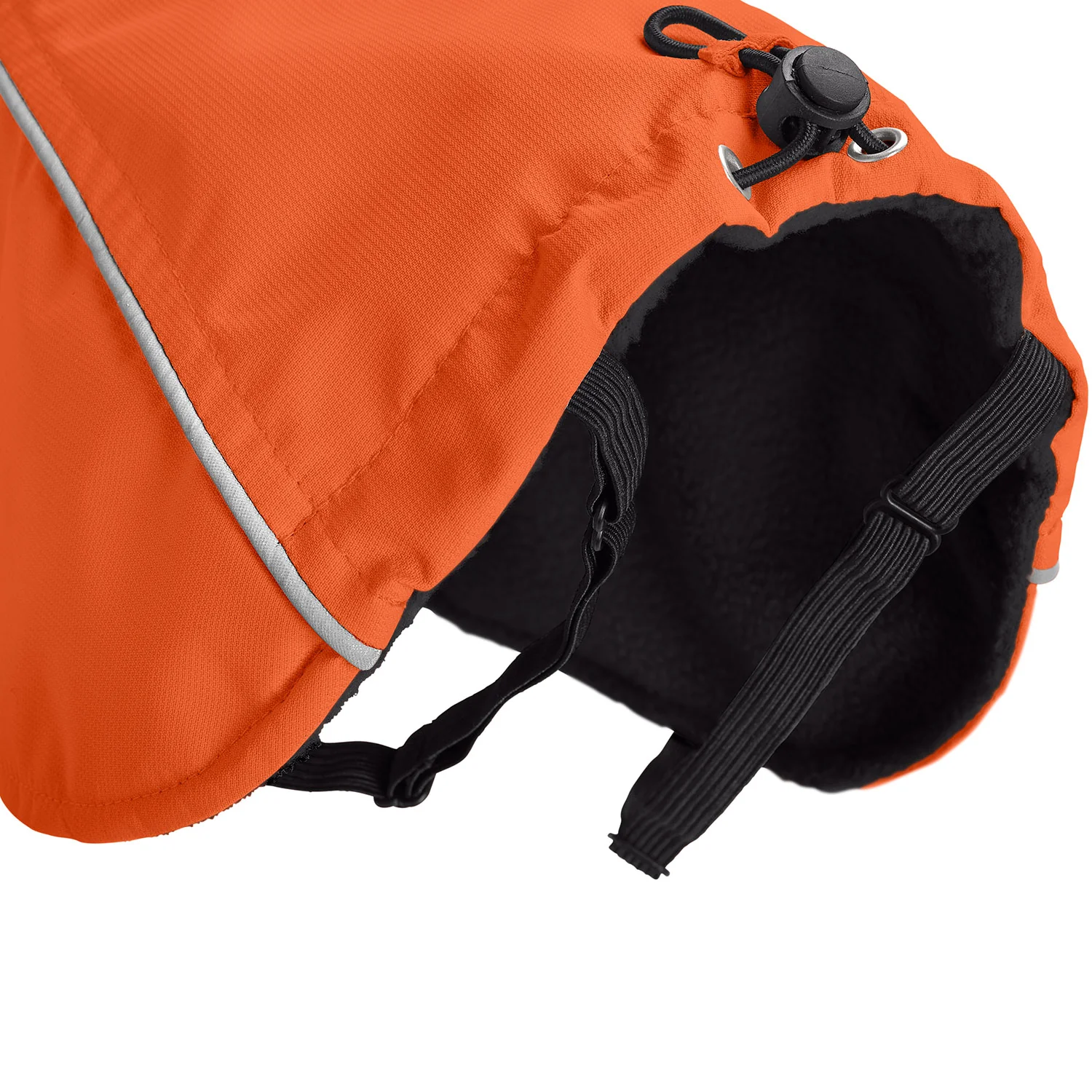 Robuste Hundetanktasche aus orangefarbenem, wasserdichtem Material mit reflektierenden Streifen, ideal für Hundetraining und Outdoor-Aktivitäten, mit praktischem Tragegurt und Sicherheitsverschluss.