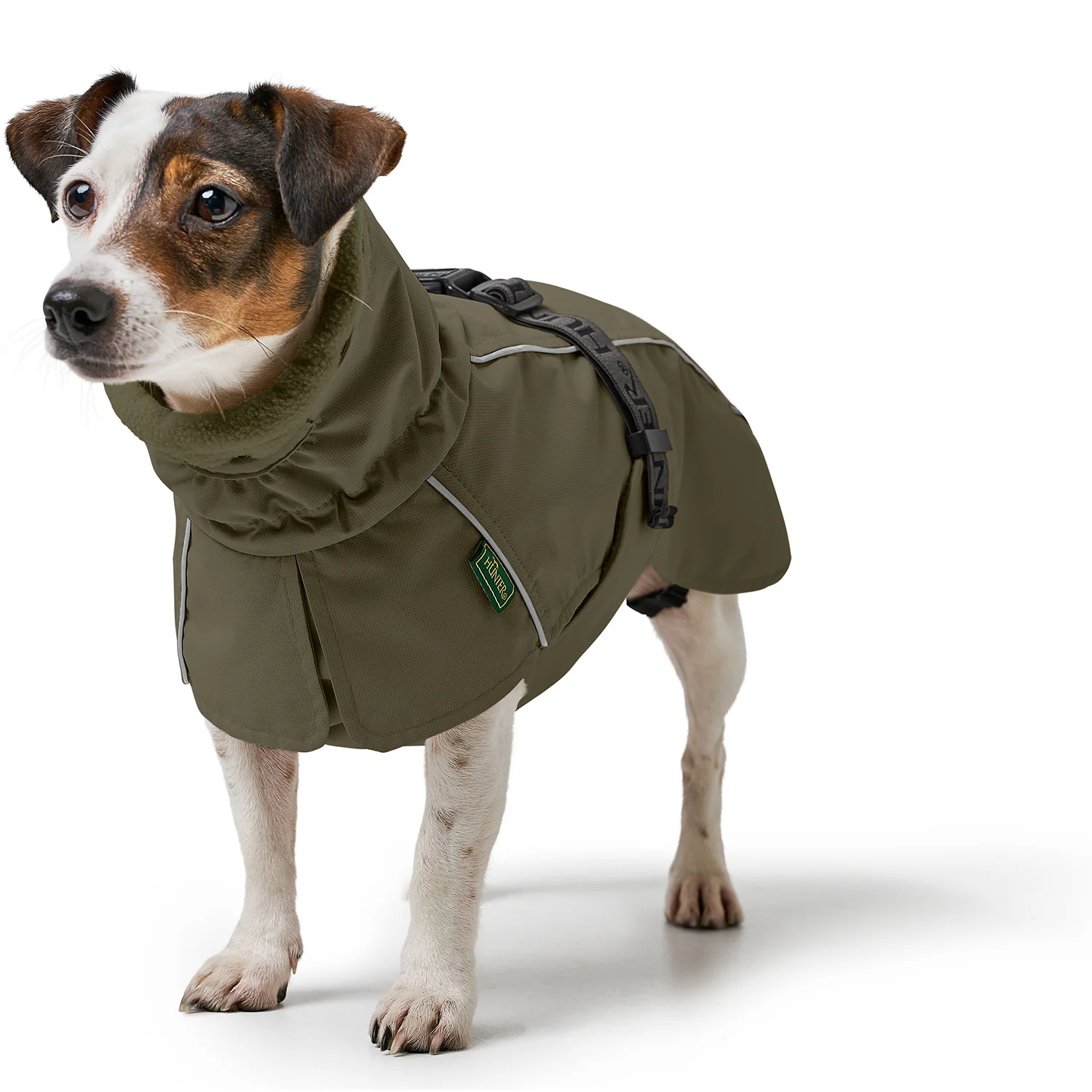 Funktionsjacke für Hunde in Olivgrün, wasserdicht und winddicht, ideal für Spaziergänge bei schlechtem Wetter. Perfekt für Hundebesitzer, die Wert auf Qualität und Komfort legen.