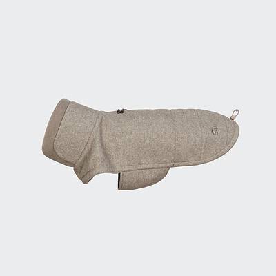 Hundemantel aus robustlichem Stoff, warm gepolstert, mit zippbarem Verschluss und praktischer Befestigungsschlaufe, ideal für kalte Tage.