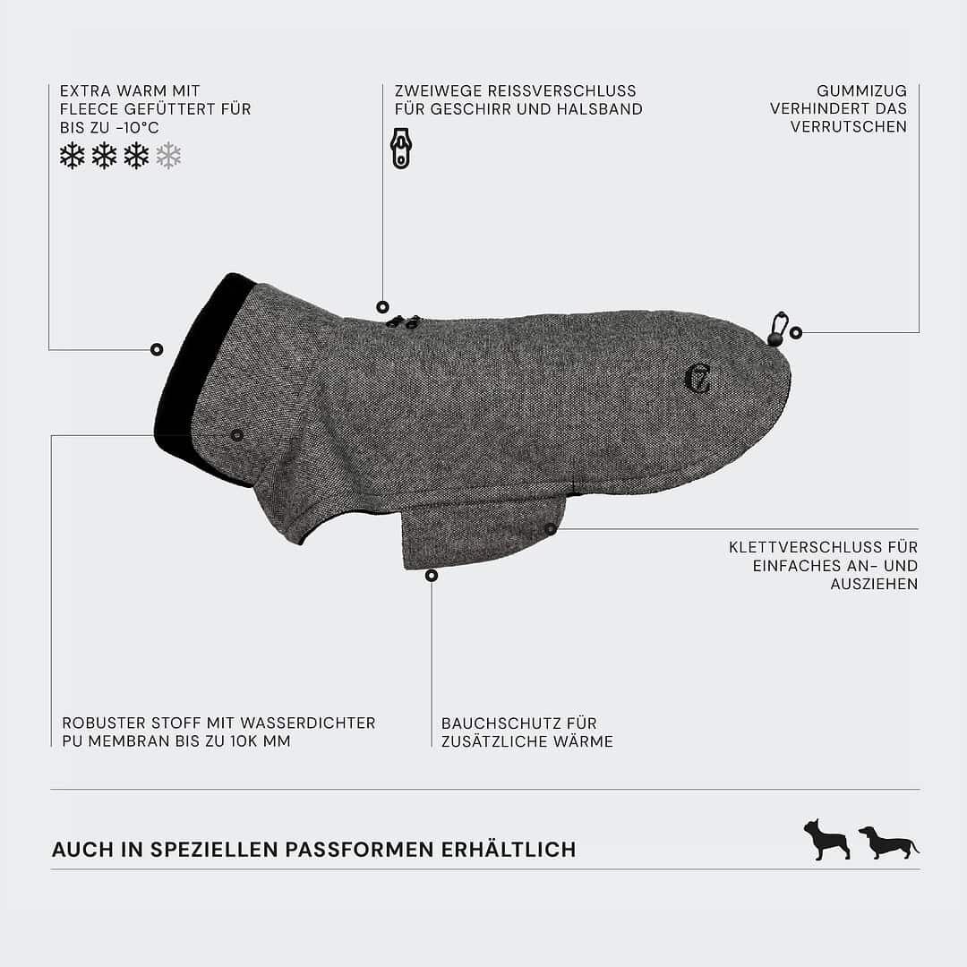 Warmer Hundemantel mit Fleece, wasserfest, ideal für kalte Temperaturen bis -10°C, mit Reißverschluss, Gummizug, Klettverschluss, für robusten Wasserdichten Schutz und Komfort.