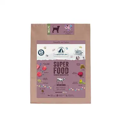 Ziemlich hochwertige Hunde-Trockenfutterverpackung mit Weiderind, nachhaltig, hypoallergen, für Welpen, aus frischen, natürlichen Zutaten, ideal für Hundeernährung, bei Kiezhund Hundeshop.