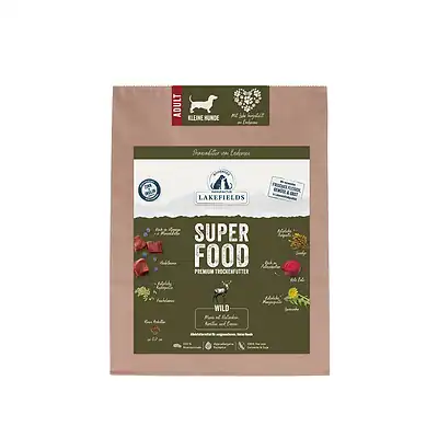 Sauberes Trockenfutter für kleine Hunde mit Wild, Gemüse und Beeren, ideal für eine naturnahe Ernährung, hypoallergene Rezeptur, 100% frei von Getreide und Soja, hochwertiges Haustierfutter.