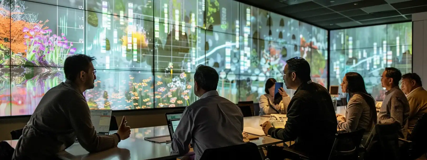 a dynamic office meeting scene features a diverse group of professionals engaged in a lively discussion, surrounded by charts and graphs that visualize the success of jingle implementation in their marketing strategies.